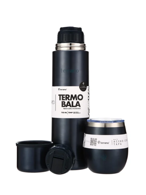 Kit Acero Bala Metalizado - 750mL + Mate Con Tapa - Azul