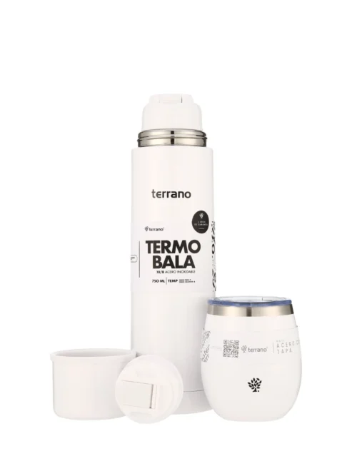 Kit Acero Bala Metalizado - 750mL + Mate Con Tapa - Blanco