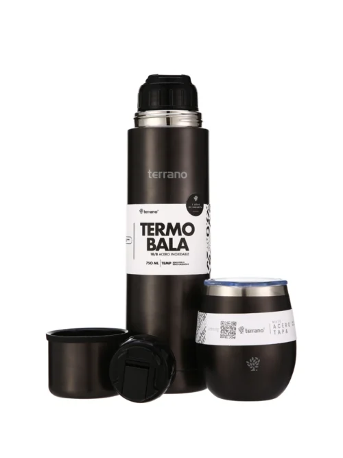 Kit Acero Bala Metalizado - 750mL + Mate Con Tapa - Negro