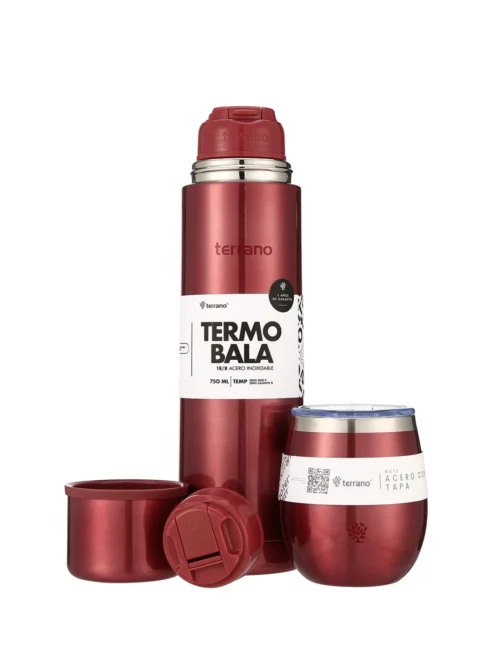Kit Acero Bala Metalizado - 750mL + Mate Con Tapa - Rojo
