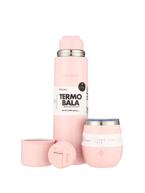 Kit Acero Bala Metalizado - 750mL + Mate Con Tapa - Rosado