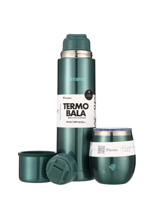 Kit Acero Bala Metalizado - 750mL + Mate Con Tapa - Verde