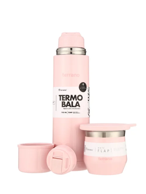 Kit Acero Bala Metalizado - 750mL + Mate Flap - Rosado