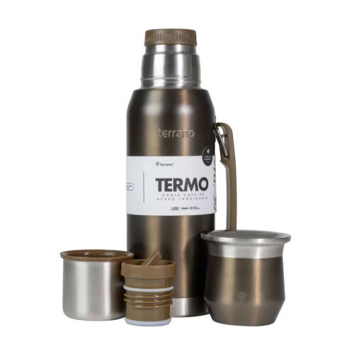 Kit Competo - Termo Acero 1LT + Mate Flap - Marrón Metalizado