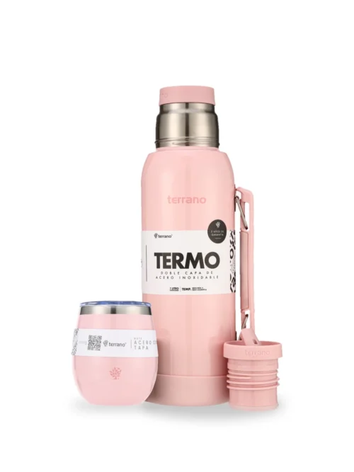 Kit Metalizado Termo 1LT Con Base De Silicona + Mate De Acero Con Tapa - Rosado