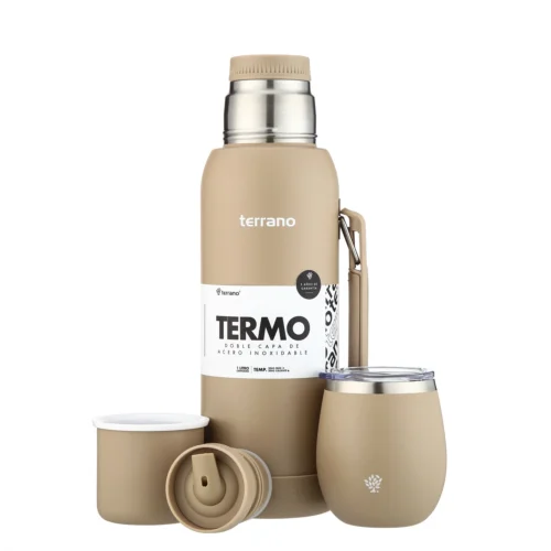 Kit Termo 1LT Con Base De Silicona + Mate De Acero Con Tapa - Arena