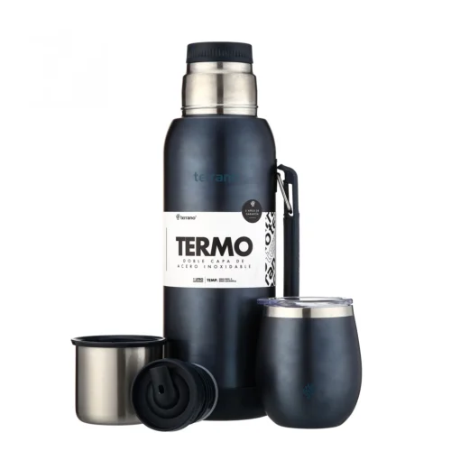 Kit Termo 1LT Con Base De Silicona + Mate De Acero Con Tapa - Azul Metalizado