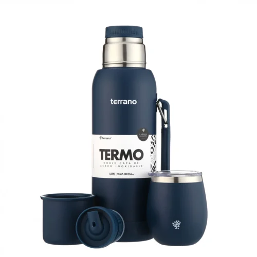 Kit Termo 1LT Con Base De Silicona + Mate De Acero Con Tapa - Azul Opaco
