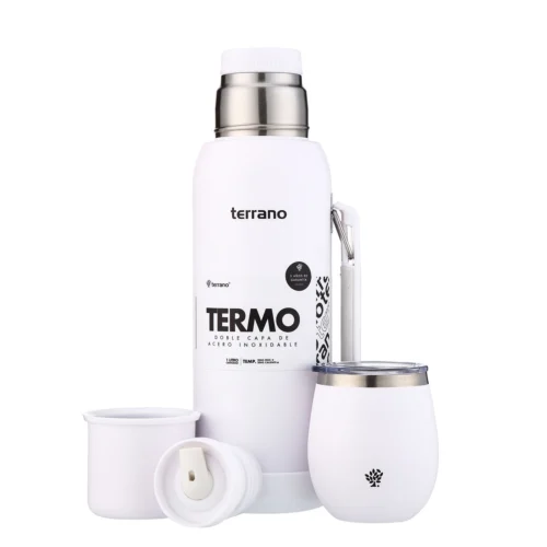 Kit Termo 1LT Con Base De Silicona + Mate De Acero Con Tapa - Blanco