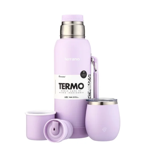 Kit Termo 1LT Con Base De Silicona + Mate De Acero Con Tapa - Lila
