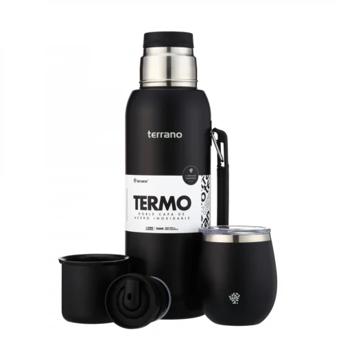 Kit Termo 1LT Con Base De Silicona + Mate De Acero Con Tapa - Negro