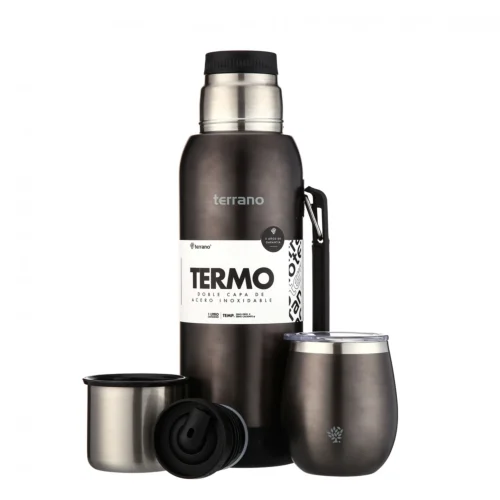 Kit Termo 1LT Con Base De Silicona + Mate De Acero Con Tapa - Negro Metalizado