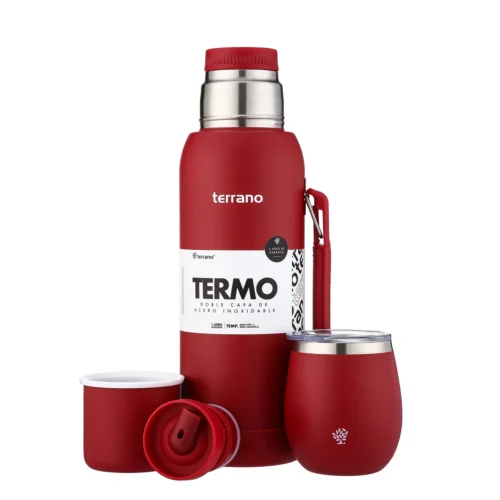 Kit Termo 1LT Con Base De Silicona + Mate De Acero Con Tapa - Rojo