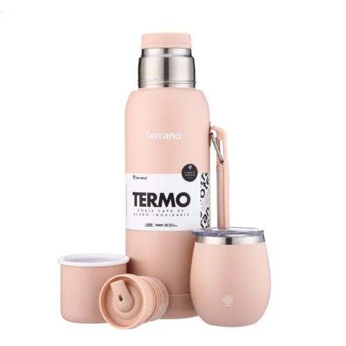 Kit Termo 1LT Con Base De Silicona + Mate De Acero Con Tapa - Rosado