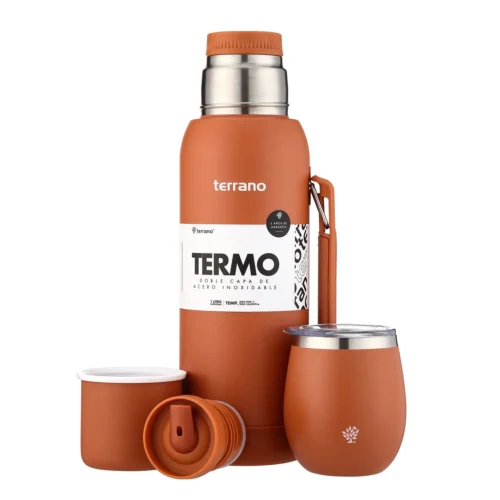 Kit Termo 1LT Con Base De Silicona + Mate De Acero Con Tapa - Terracota