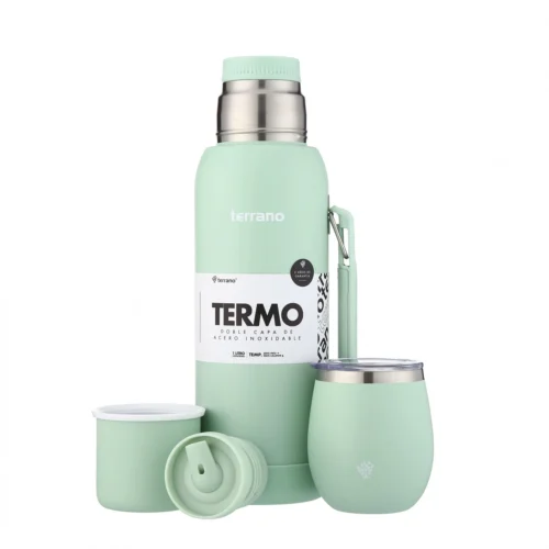 Kit Termo 1LT Con Base De Silicona + Mate De Acero Con Tapa - Verde Agua