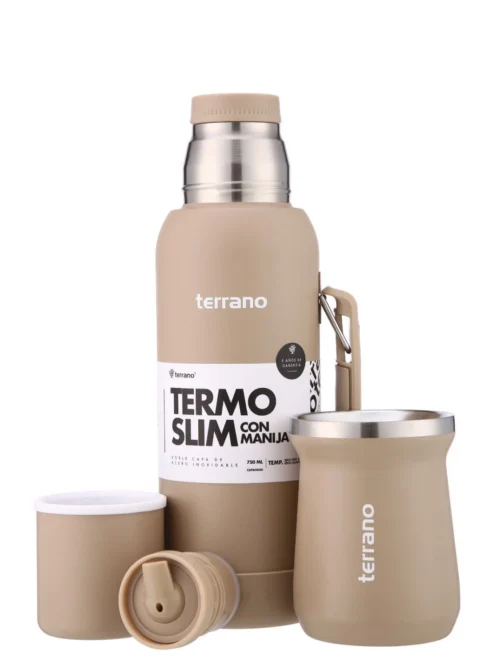 Kit Termo 750mL. Slim Con Base De Silicona + Mate De Acero Tradicional - Arena