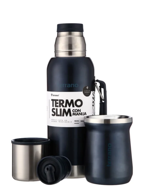 Kit Termo 750mL. Slim Con Base De Silicona + Mate De Acero Tradicional - Azul Metalizado
