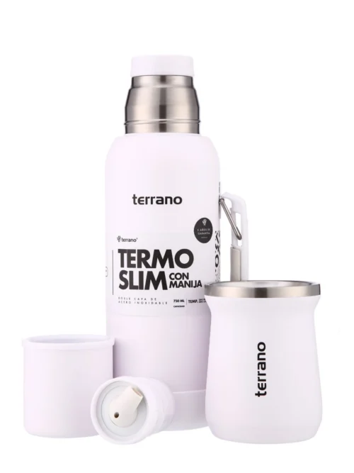 Kit Termo 750mL. Slim Con Base De Silicona + Mate De Acero Tradicional - Blanco