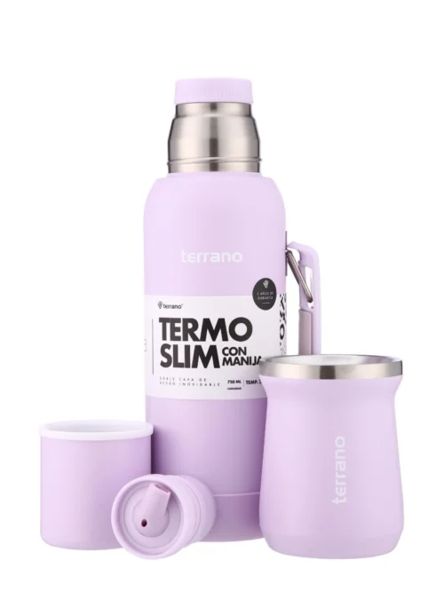 Kit Termo 750mL. Slim Con Base De Silicona + Mate De Acero Tradicional - Lila