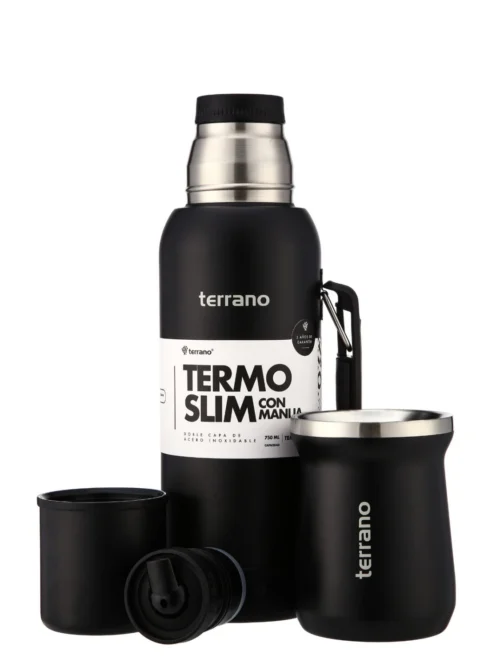 Kit Termo 750mL. Slim Con Base De Silicona + Mate De Acero Tradicional - Negro Opaco