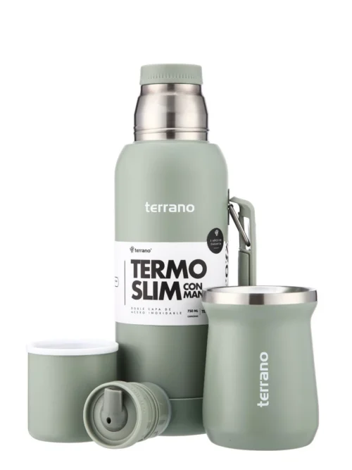 Kit Termo 750mL. Slim Con Base De Silicona + Mate De Acero Tradicional - Oliva