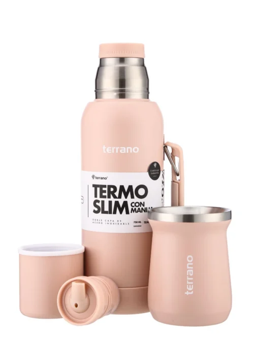 Kit Termo 750mL. Slim Con Base De Silicona + Mate De Acero Tradicional - Rosado