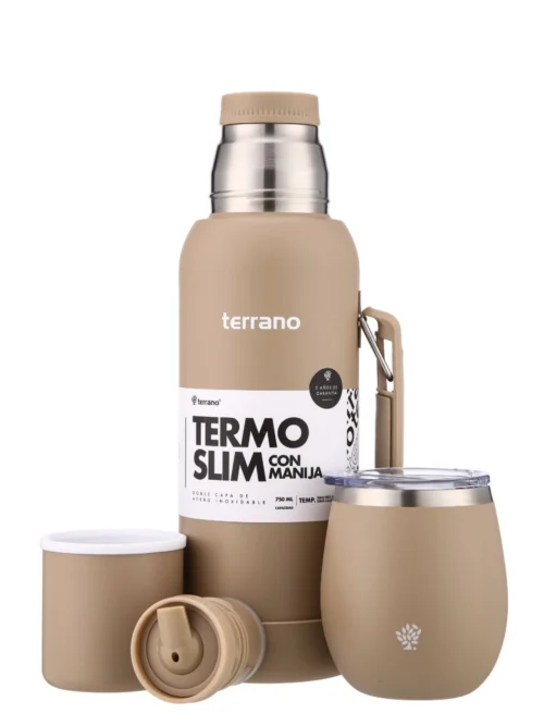 Kit Termo 750mL. Slim con Manija + Mate de Acero con Tapa - Arena
