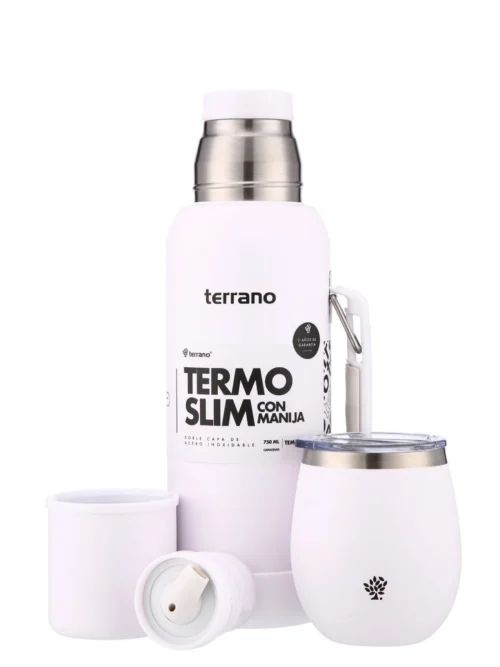 Kit Termo 750mL. Slim con Manija + Mate de Acero con Tapa - Blanco