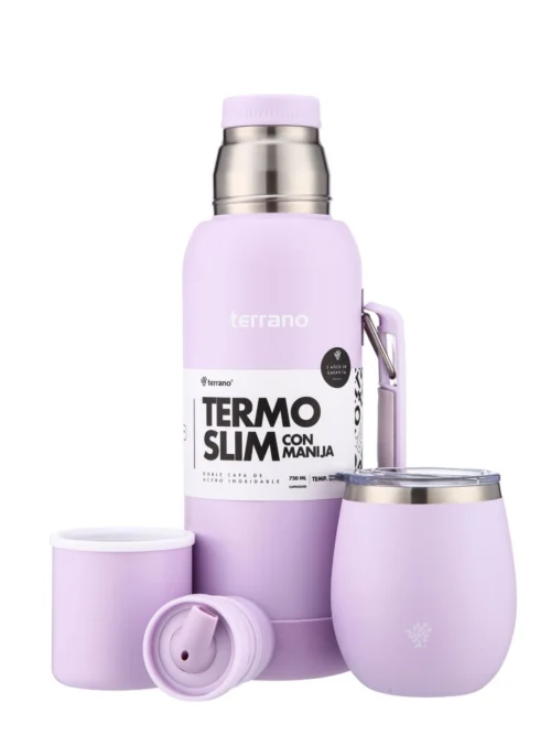 Kit Termo 750mL. Slim con Manija + Mate de Acero con Tapa - Lila