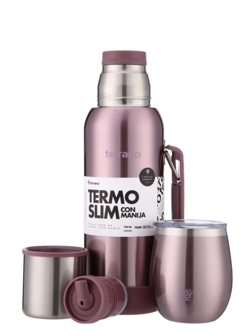 Kit Termo 750mL. Slim con Manija + Mate de Acero con Tapa - Lila Metalizado