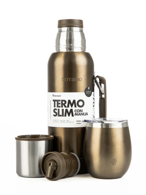 Kit Termo 750mL. Slim con Manija + Mate de Acero con Tapa - Marrón Metalizado