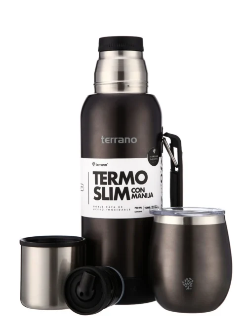 Kit Termo 750mL. Slim con Manija + Mate de Acero con Tapa - Negro Metalizado