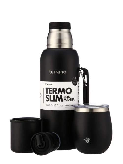 Kit Termo 750mL. Slim con Manija + Mate de Acero con Tapa - Negro Opaco