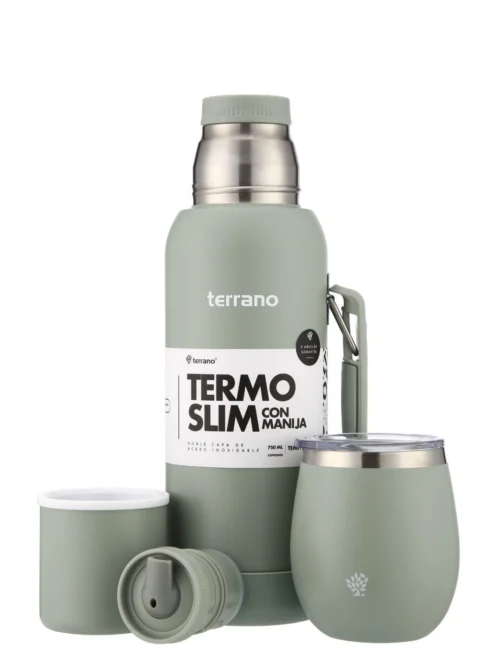 Kit Termo 750mL. Slim con Manija + Mate de Acero con Tapa - Oliva