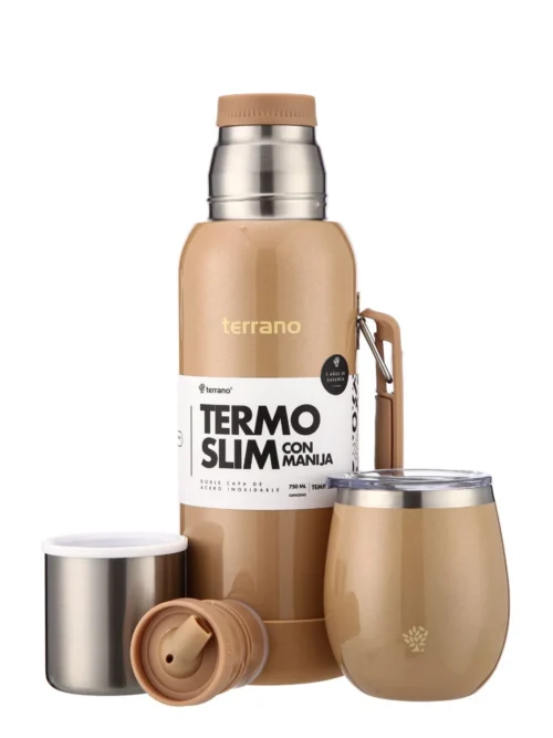 Kit Termo 750mL. Slim con Manija + Mate de Acero con Tapa - Oro