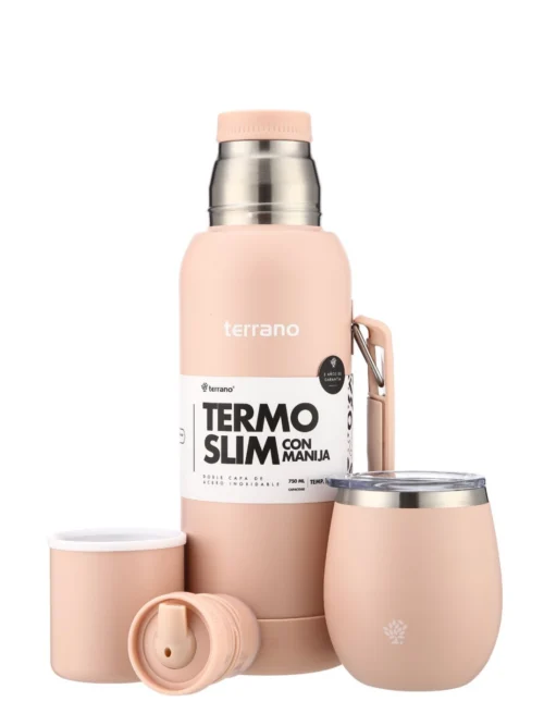 Kit Termo 750mL. Slim con Manija + Mate de Acero con Tapa - Rosado