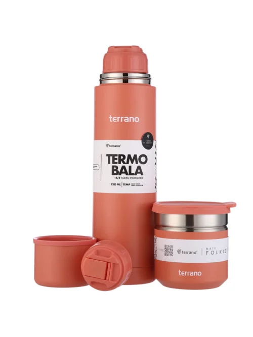 Kit Termo Acero Bala 750mL + Mate Folkie - Coral