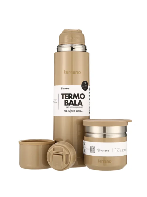 Kit Termo Acero Bala Metalizado 750mL + Mate Folkie - Arena