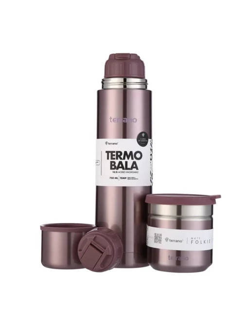 Kit Termo Acero Bala Metalizado 750mL + Mate Folkie - Lila