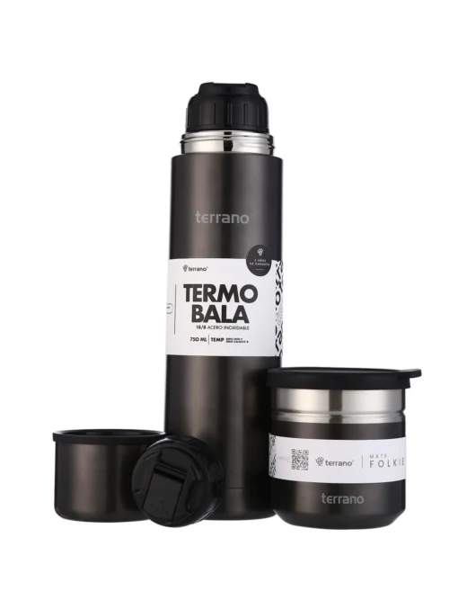 Kit Termo Acero Bala Metalizado 750mL + Mate Folkie - Negro