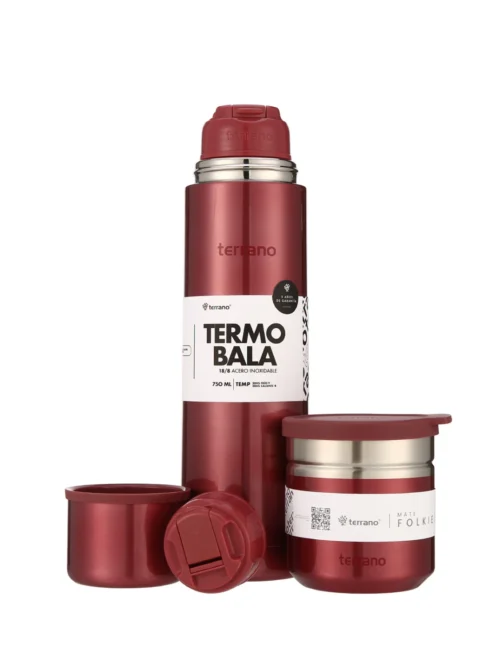 Kit Termo Acero Bala Metalizado 750mL + Mate Folkie - Rojo