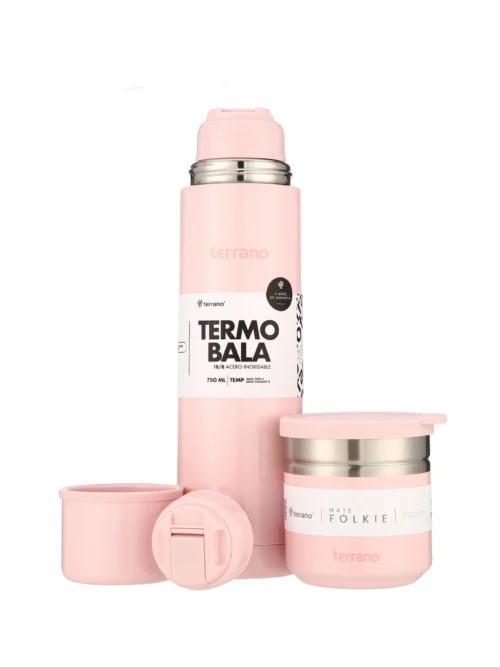 Kit Termo Acero Bala Metalizado 750mL + Mate Folkie - Rosado