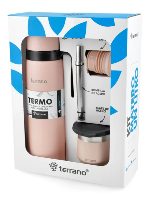 Kit Termo Manija Rígida Con Mate Flap y Bombilla - Rosado