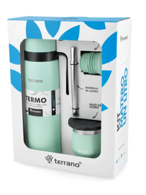 Kit Termo Manija Rígida Con Mate Flap y Bombilla - Verde Agua